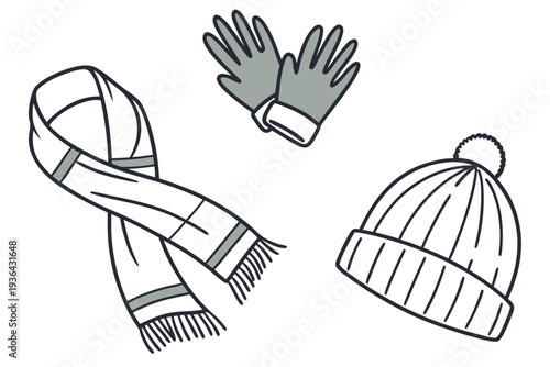 Winter clothing items including gloves hat and scarf