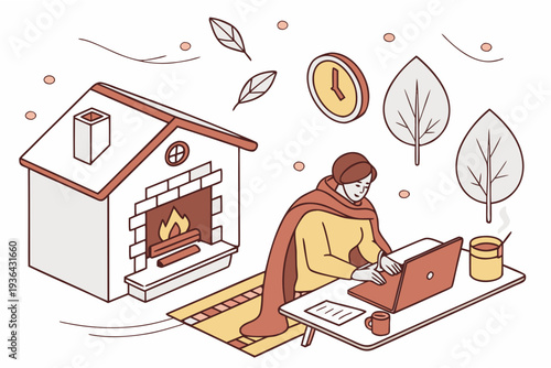 Person working remotely on laptop by the fireplace