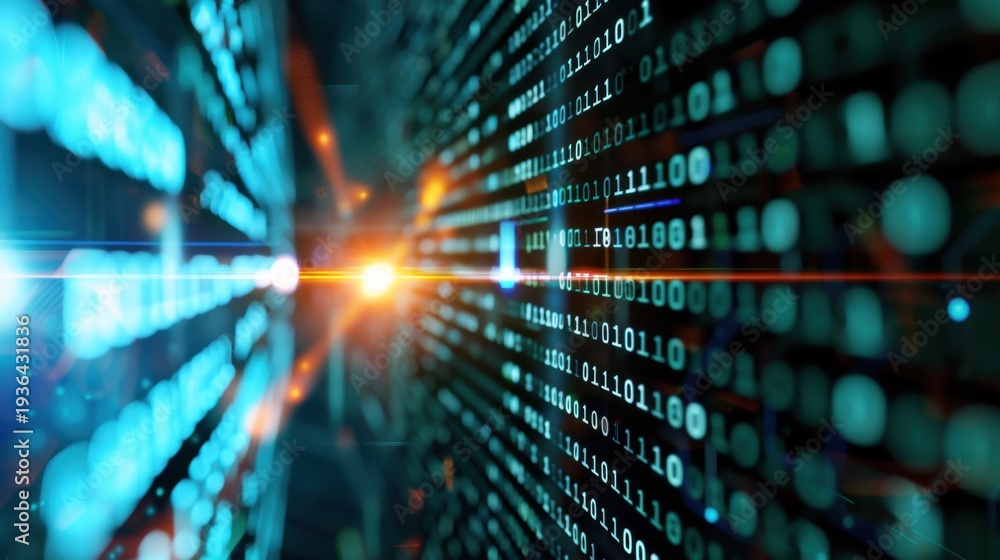 Obraz premium Abstract Digital Data Stream with Binary Code and Glowing Light Effects in a Futuristic Environment