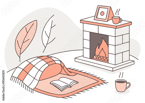 Cozy scene with a book by the fireplace