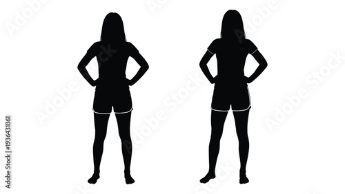 Two identical silhouettes of women standing with hands on hips