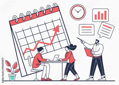 Team working on a project plan with calendar and charts