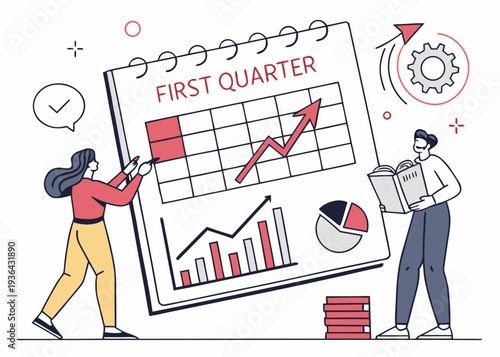 Business people analyzing the host quarter calendar