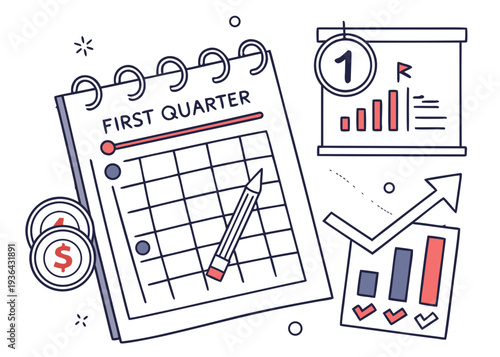 A calendar and graphs for the first quarter