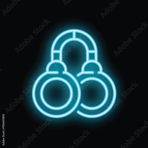 Bright blue neon icon of handcuffs glowing on dark background, representing security, law enforcement, or crime scene investigation