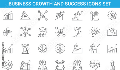 Business growth and success icons set, leadership teamwork progress achievement, career development, strategy, motivation, line vector illustration collection