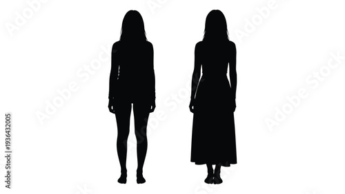 Two silhouetted women standing facing forward one in a dress and one in a jacket