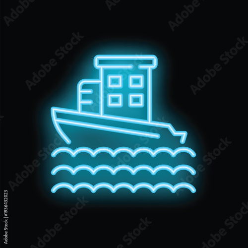 Blue neon icon of a cargo ship sailing on stylized waves on a black background