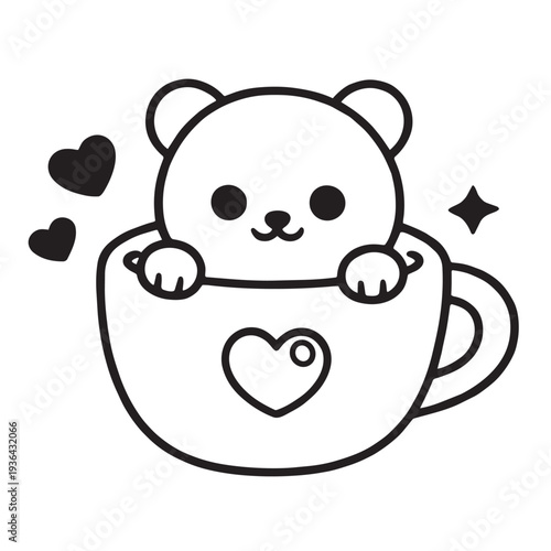 Vászonkép Cute bear cup heart cartoon kawaii black and white outline adorable simple playf