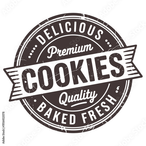A circular badge proclaims delicious premium quality baked fresh cookies