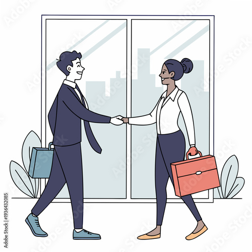 A man and woman shake hands in front of a city skyline