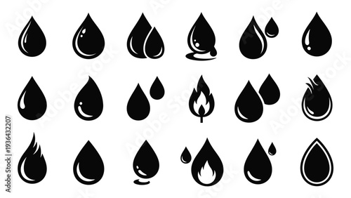 A collection of black drop and flame icons on a white background