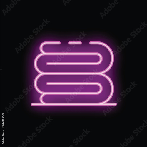 Neon pink icon of stacked towels glowing on a black background