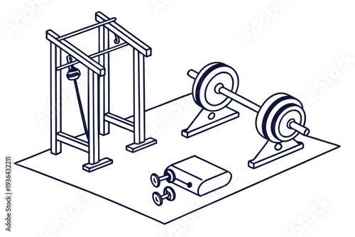 A technical drawing of a gym with various pieces of equipment