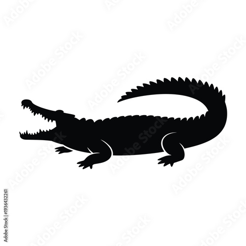 Simple black silhouette of an alligator lying down on a white background