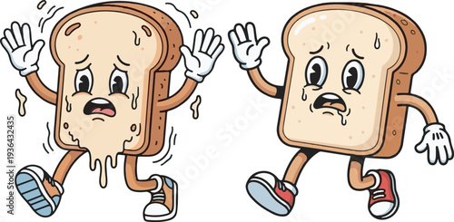 Set of 2 Scared Bread Slice Cartoon Characters Vector Illustration with Sweating and Melting Textures, Running and Panicked Expressions for Food-Related Designs