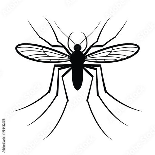 A stark black silhouette of a mosquito displaying its delicate wings and legs