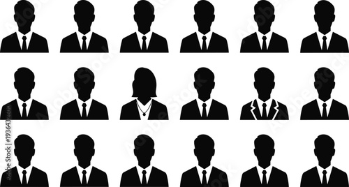 Set of business avatar profile icons, professional male and female head silhouettes in suits for corporate team, user identity, and web.