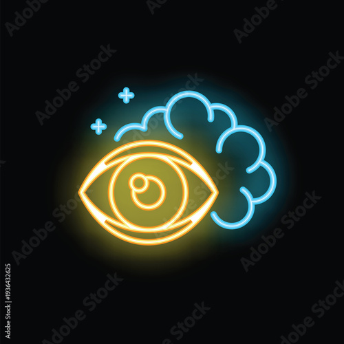 Neon icon of an eye and a brain, representing the concept of visual perception and the connection between sight and thought