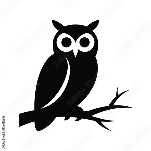 A minimalist black silhouette of an owl perched on a branch