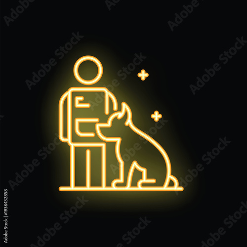 Yellow neon icon of a veterinarian standing with a dog on a black background