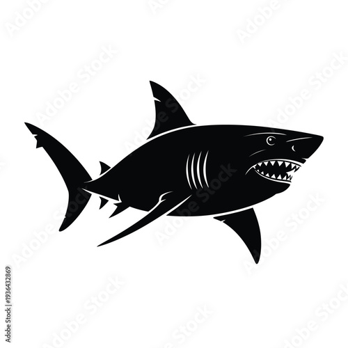 A striking black silhouette of a shark swimming in open water