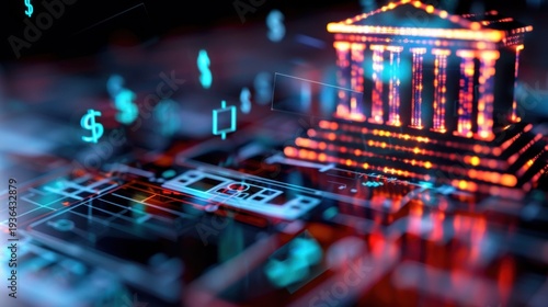 Digital Representation of Banking Institution Surrounded by Financial Symbols and Virtual Elements in a Futuristic Setting