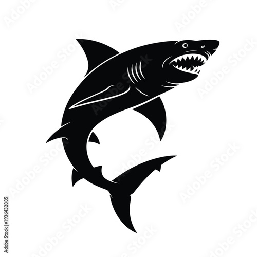 A striking black silhouette of a great white shark emerging upwards