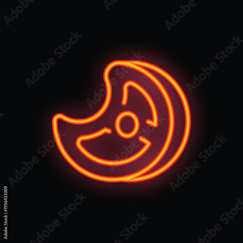 Neon sign showing a cross section of meat glowing on a dark background