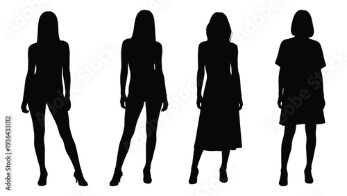 Silhouettes of four women standing in different poses against a white background