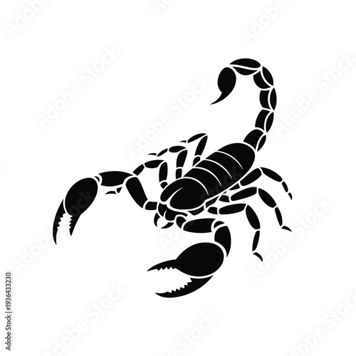 A striking black silhouette of a scorpion on a white background