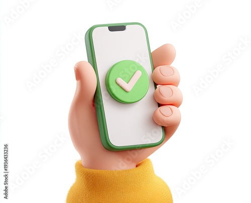 3D cartoon hand holding a smartphone, a green checkmark indicating successful completion