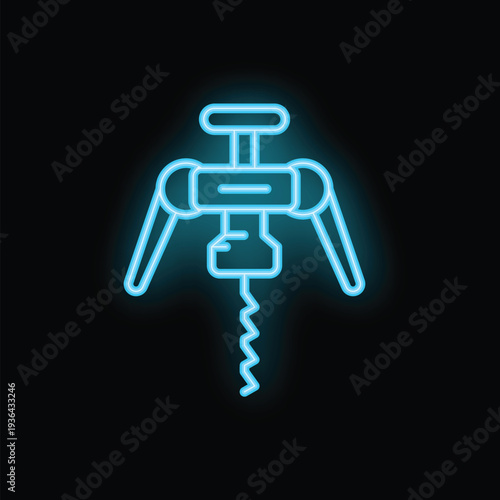 Neon sign of wine opener with blue glowing lines on black background