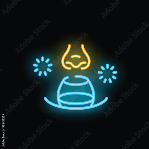 Neon sign representing smell sense with nose and barrel of wine, marketing and advertising concept