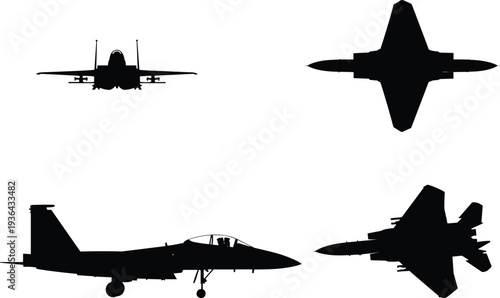 Modern fighter jet silhouette set with multiple views, military aircraft vector collection showing front, top, side perspectives isolated