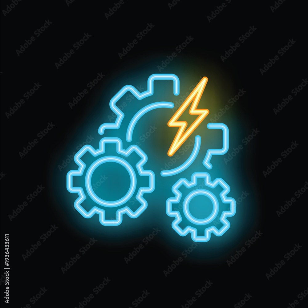 Obraz premium Neon sign depicting gears and a lightning bolt, symbolizing the concept of powering innovation and creative energy
