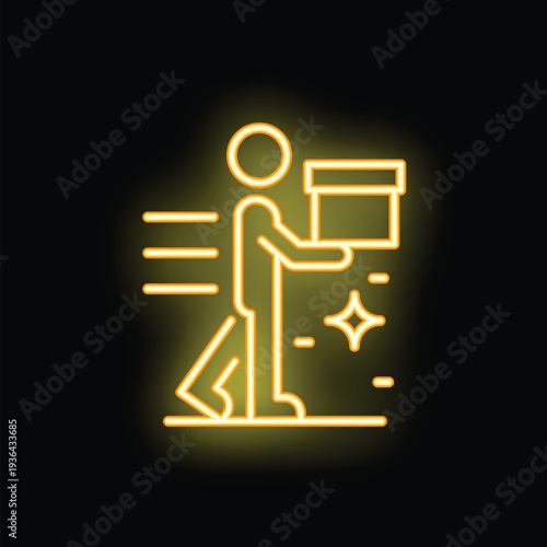 Neon sign of a delivery man quickly walking and carrying a parcel