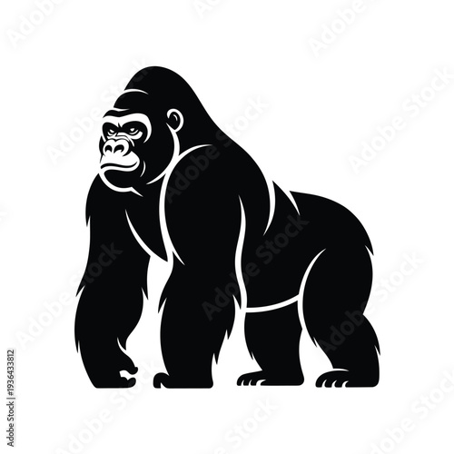 A striking black silhouette of a powerful gorilla in a standing pose