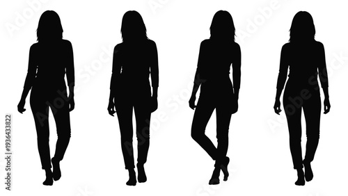 Four silhouette figures of women walking in different poses against a white background