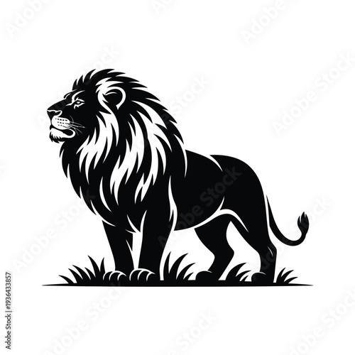 A striking black and white illustration of a majestic african lion