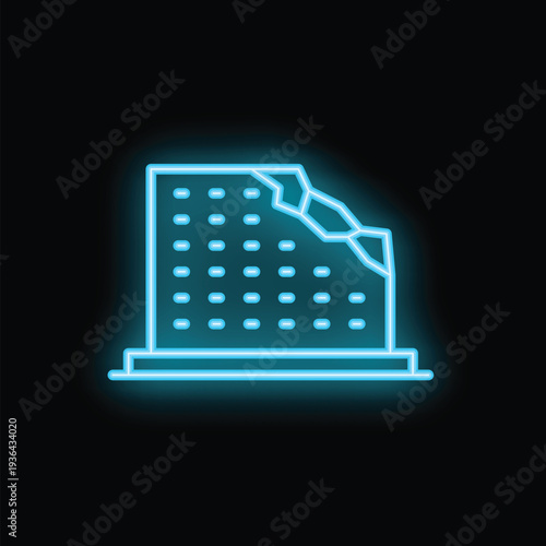 Glowing neon icon of building with broken wall representing destruction caused by earthquake