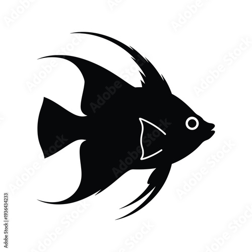 Elegant black silhouette of an angelfish with flowing fins and details
