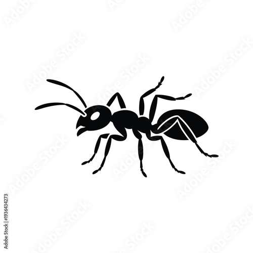 Black silhouette of an ant with visible legs and antennae