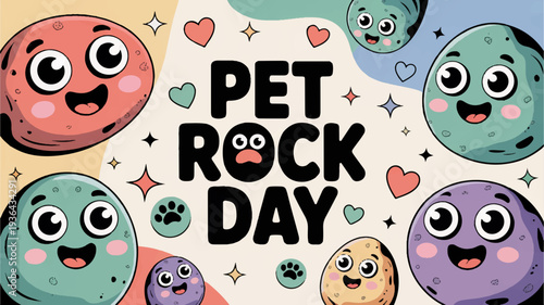 Colorful cartoon rocks with smiling faces celebrate pet rock day with hearts and sparkles