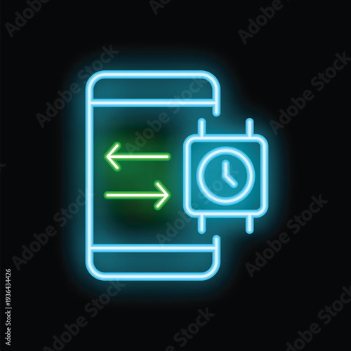 Glowing neon icon illustrating the concept of seamless data synchronization between a smartphone and a smartwatch