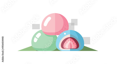 Three colorful mochi rice cakes, one cut open with strawberry filling vector