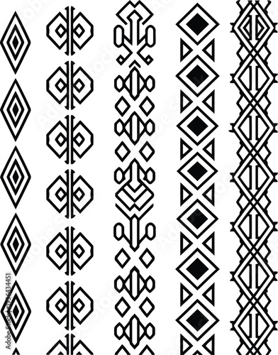 Set of five different decorative ornamental vertical borders or dividers, geometric ethnic tribal patterns.