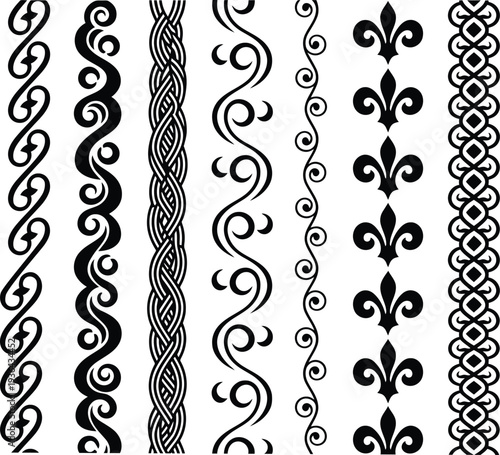 Set of seven different decorative ornamental vertical borders or dividers, various abstract scroll patterns.
