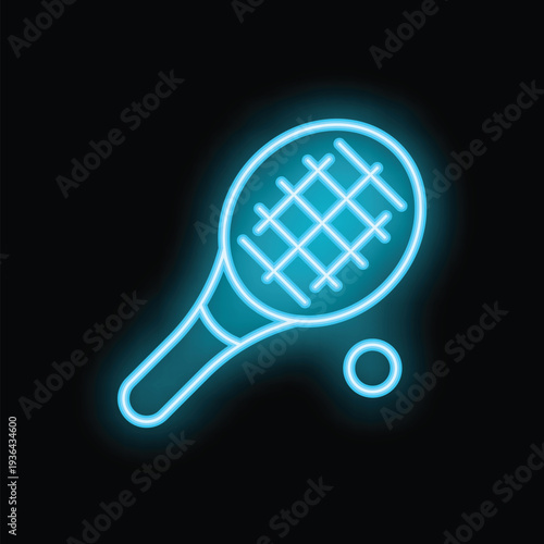 Blue neon glowing tennis racket and ball icon on black background, vector illustration