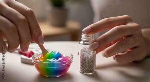 Hands mixing vibrant rainbow slime in a glass bowl using a stick, next to silver sprinkles.